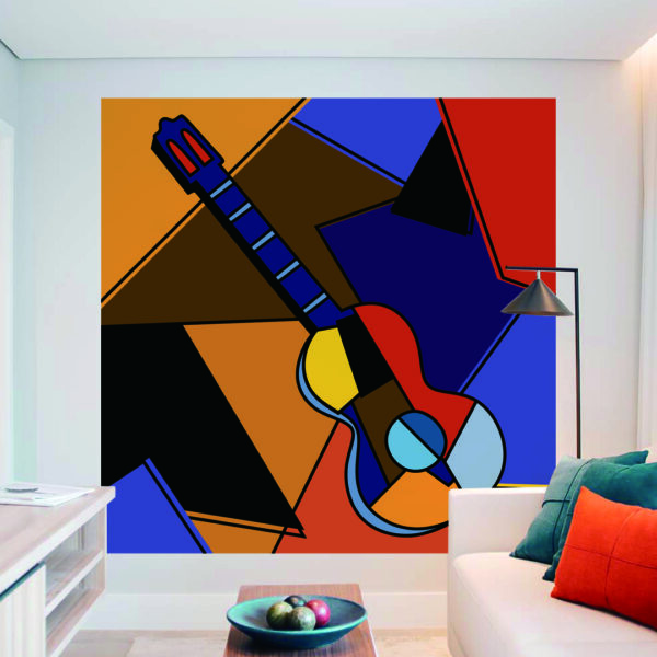 Gitaar muurprint in de woonkamer zorgt voor sfeer en een persoonlijke touch